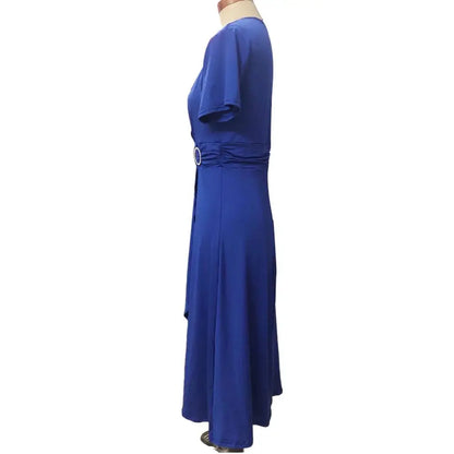 Robe de soirée mi-longue pour femmes, élégante, couleur unie, manches courtes, col en V, ourlet asymétrique, taille serrée, dames