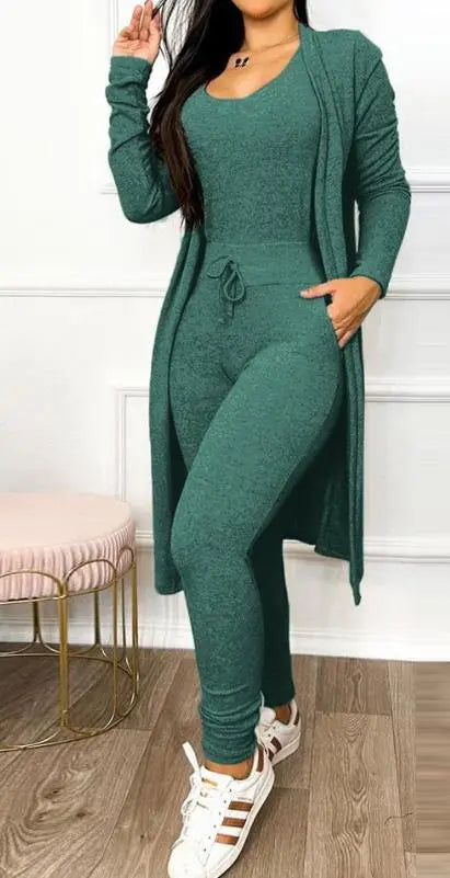 Ensemble deux pièces pour femmes, tenue avec cordon de serrage, poche, col en U, sans manches, combinaison slim et manteau à manches longues, mode printemps 2023