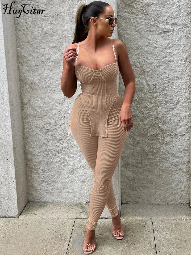 Hugcitar côtelé solide sans manches Transparent Slip Sexy haut court pantalon 2 pièces ensembles automne femmes mode tenue Streetwear vacances