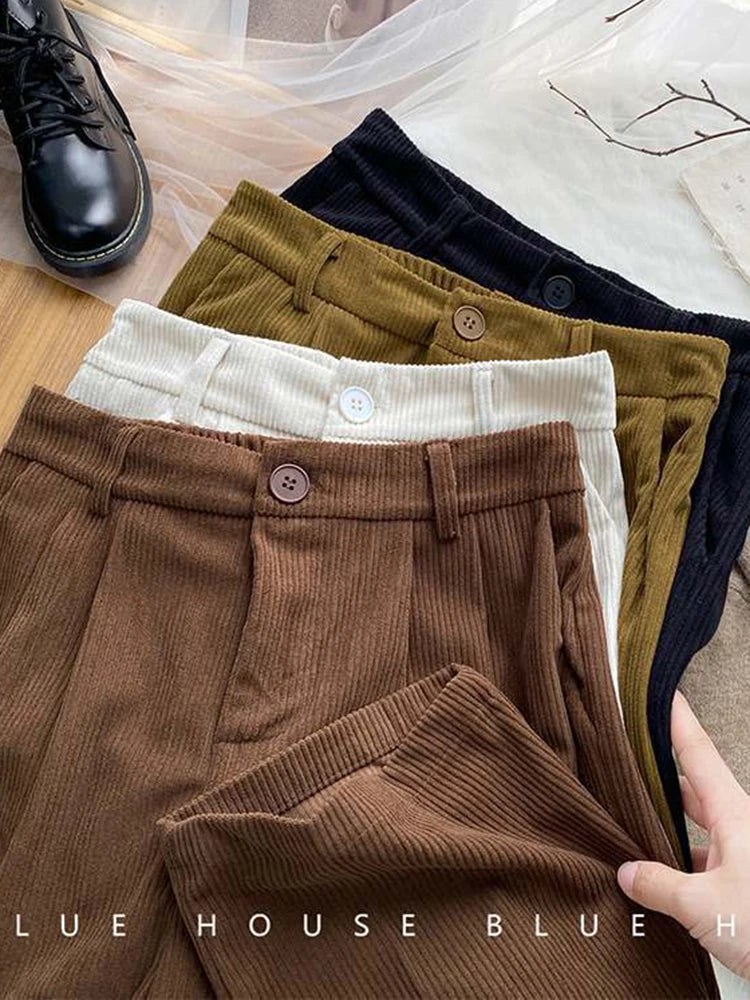 ZOKI, pantalones de pana Retro de cintura alta para mujer, Pantalones rectos informales de otoño, Pantalones largos Vintage con bolsillos de café, pantalones que combinan con todo, nuevos