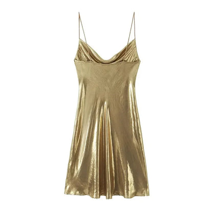 TRAF-minivestido dorado para mujer, vestidos cortos con Espalda descubierta, Sexy, plateado, coqueta, deseo de fiesta, Vestido corto sin mangas