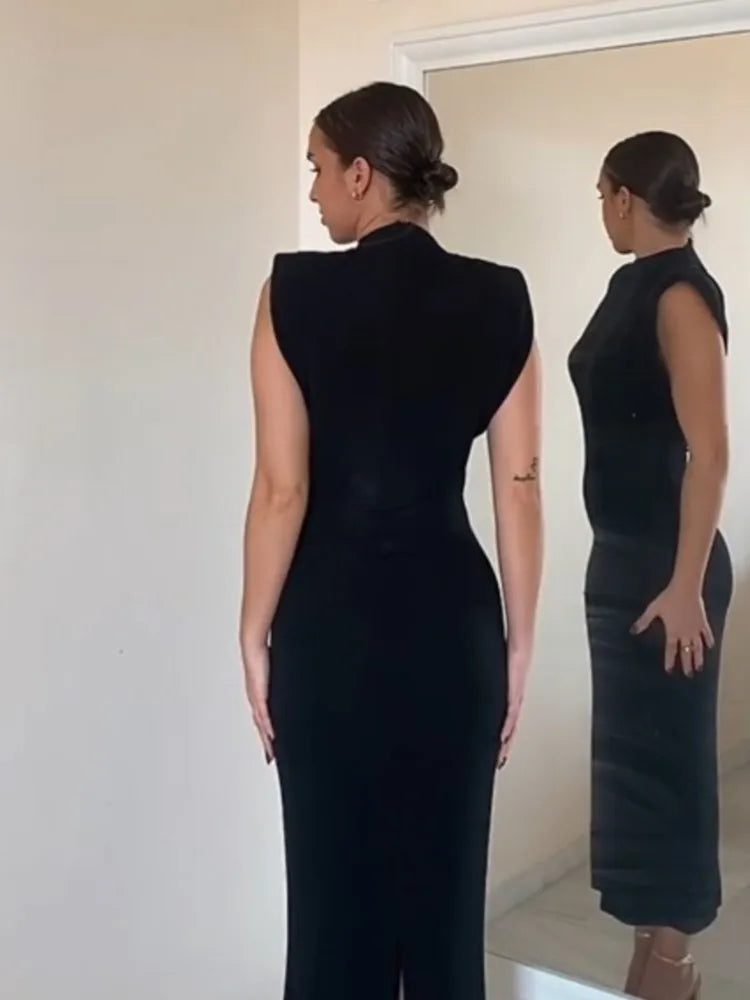 Vestido Midi Sexy a la moda para mujer, Vestidos ajustados sin mangas con abertura y cuello redondo, ropa de calle ajustada de cintura alta 2023