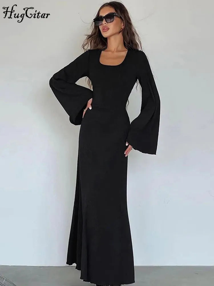 Hugcitar Fall Ribbed Solid Square Collar Long Flare Sleeve Sexy Elegant Slim Maxi Dress Women Outfit Birthday Party Streetwear