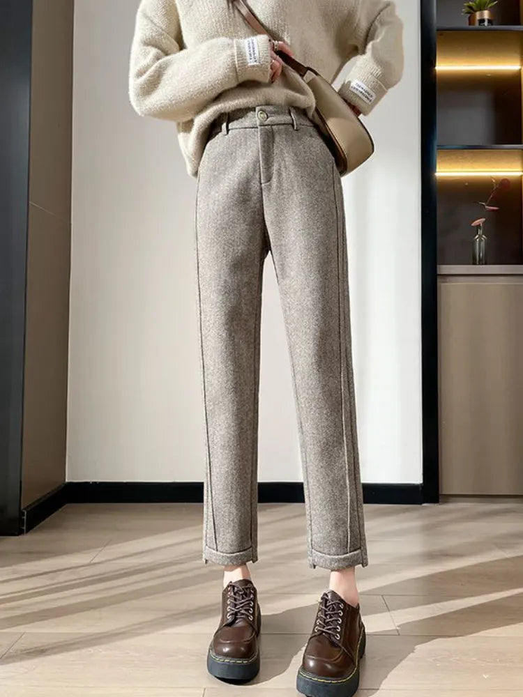 Pantalones rectos de Tweed de cintura alta para mujer, pantalón corto grueso y cálido, holgado, informal, en espiguilla, otoño/invierno, 2023