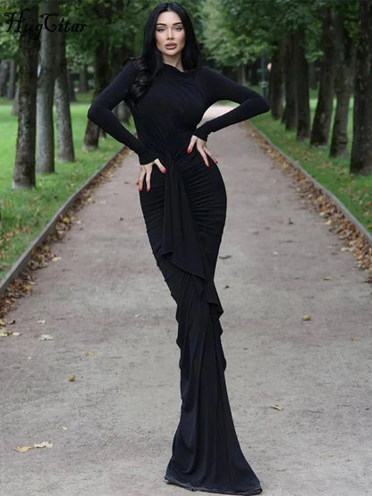 Hugcitar Women Elegant Black Long Sleeve Ruched Patchwork Slit Sexy Maxi Prom Dress Slim Fall Winter Outfit Party Vacation Y2K