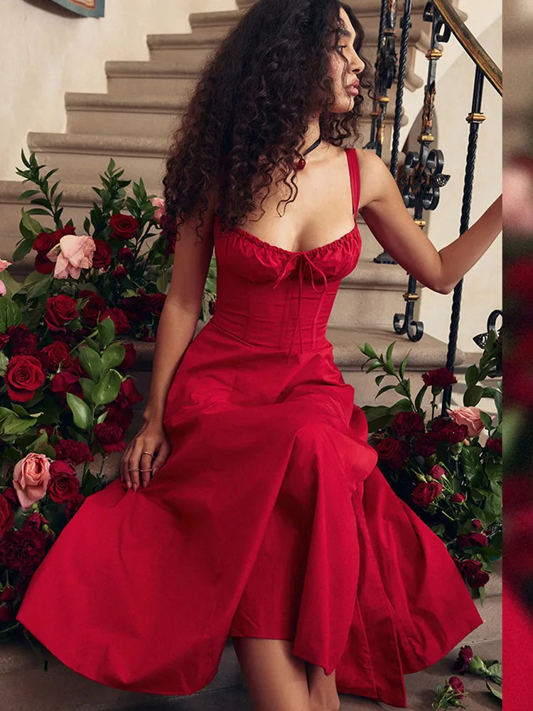 Suninheart – robe mi-longue trapèze élégante, Sexy, bretelles Spaghetti, à lacets, rouge, robes de soirée, fendues, robes d'été pour femmes, 2023