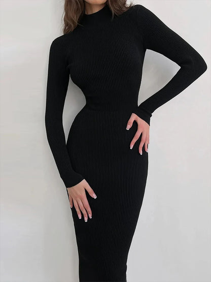 Vestido de punto de cuello alto para mujer, Otoño Invierno, manga larga, ceñido al cuerpo, vestidos por debajo de la rodilla para mujer, vestido ajustado elegante de Color sólido a la moda