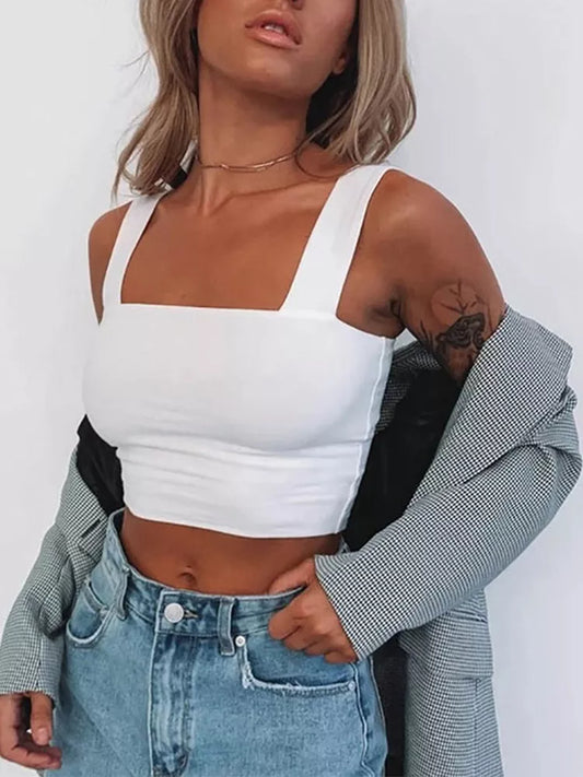 Top corto de verano sin mangas con cuello cuadrado para mujer, camiseta básica informal blanca y negra con hombros descubiertos, camiseta sin mangas Sexy con espalda descubierta