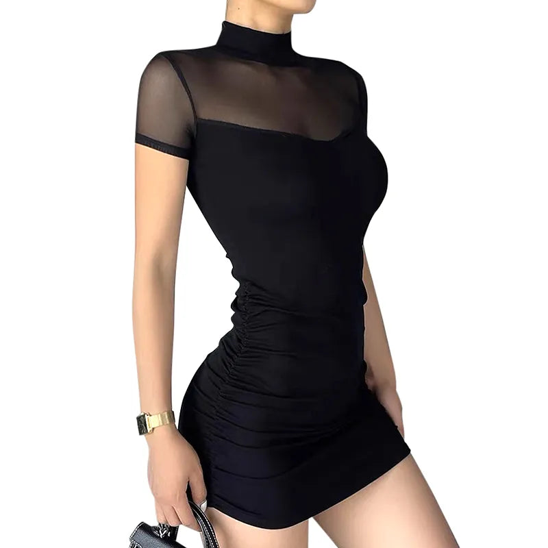 CUTENOVA Goth Dark Mock Neck Y2k Bodycon Mini Dresses Gothic Women Mesh Patchwork Sheer Party Dress