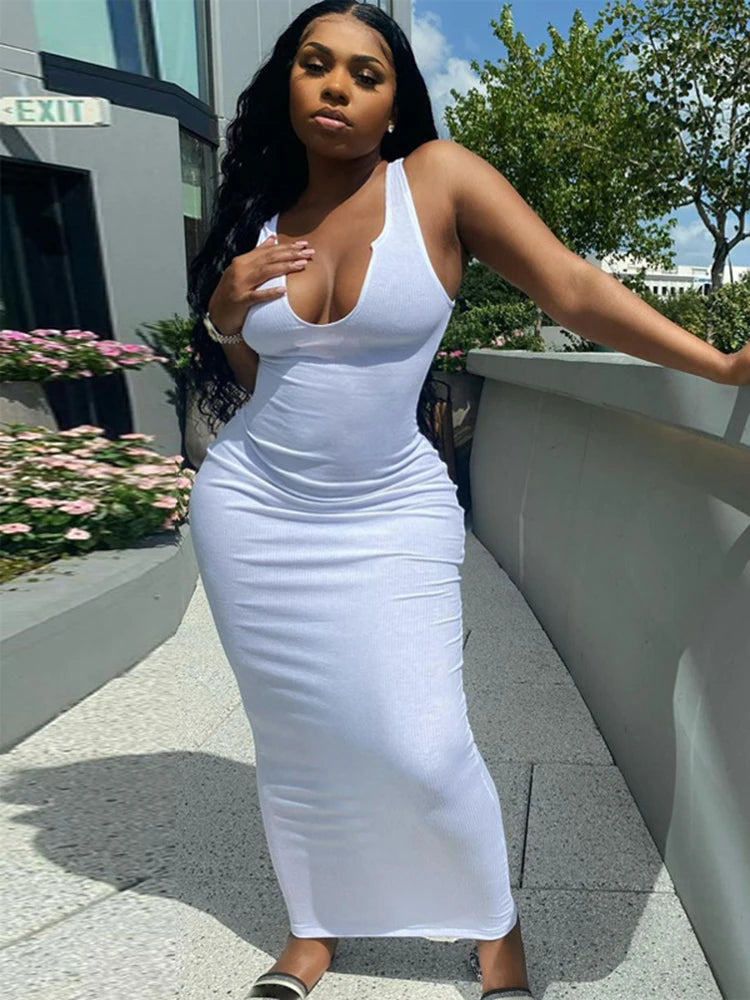 Dulzura White Ribbed Midi Dress For Women Bodycon Sexy Streetwear Casual Outfits Wholesale Items Fall Winter Long Dress