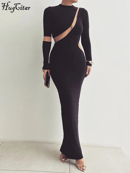 Hugcitar Autumn Elegant O Neck Long Sleeve Patchwork Mesh Slit Sexy Bodycon Maxi Prom Dress Women Fashion Outfits Birthday Party