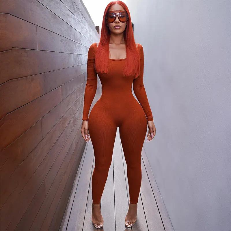 CUTENOVA Autumn Solid Warm Color Long Sleeve Skinny Pencil Jumpsuit Deep U-Collar Backless Shirt Comfort Bodycon Women Trousers