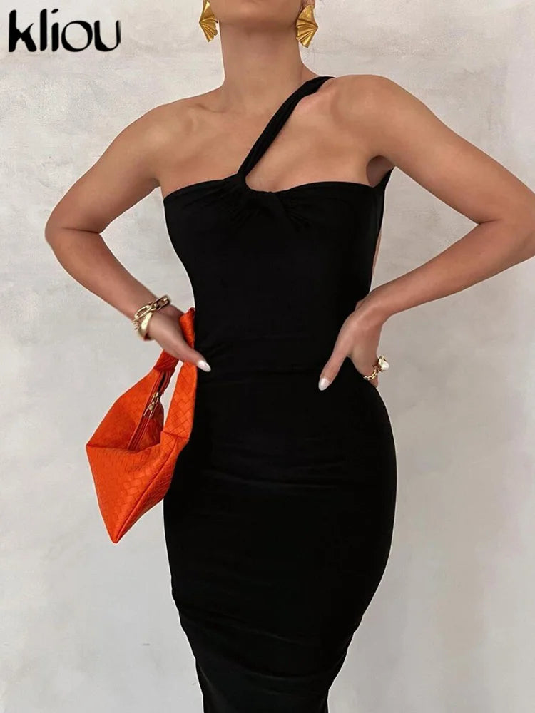 Kliou Asymmetrical Concise Solid Maxi Dress Women Elegant Off Shoulder Backless Ruched Skinny Robe Female Party Evening Clothing