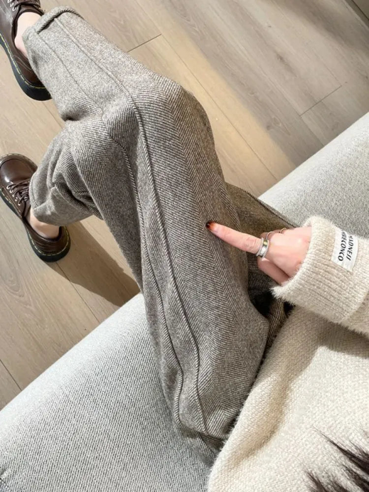 High-waisted Tweed Straight Pants 2023 Autumn/Winter New Women' S Pants Loose Casual Herringbone Warm Thickened Cropped Pants