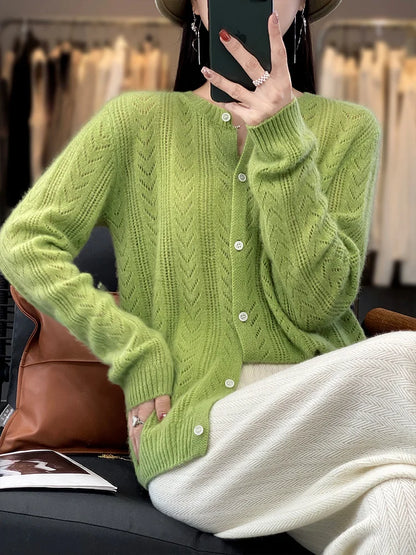 Cardigan en laine à manches longues pour femme, vêtement d'extérieur, pull à col rond, tricot, Style coréen, nouveau vêtement d'extérieur, Crochet