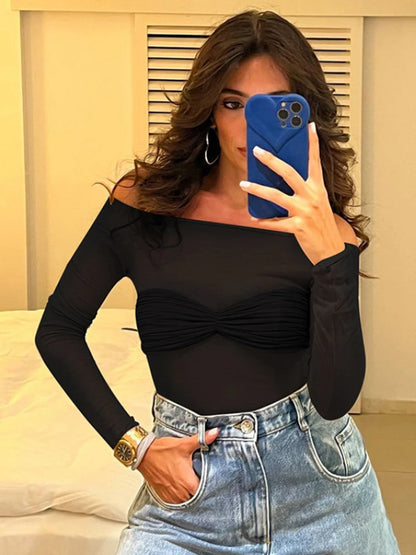 Dulzura Long Sleeve Off Shoulder See Through T Shirt  Women Bodycon Sexy Streetwear Y2K Crop Top Tee Shirts 2024 Spring Summer