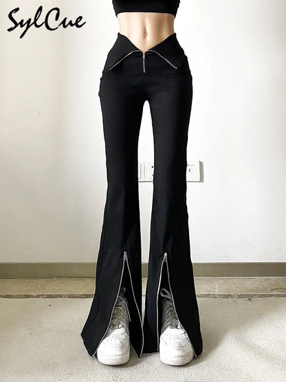 Sylcue Black Slim Stretch Versatile Commuter Classic High Waist Simple Split Young Women's Zipper Flared Trousers Girl Casual