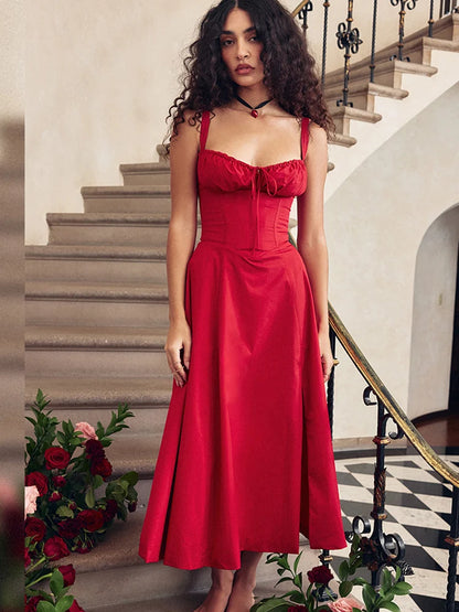 Suninheart – robe mi-longue trapèze élégante, Sexy, bretelles Spaghetti, à lacets, rouge, robes de soirée, fendues, robes d'été pour femmes, 2023