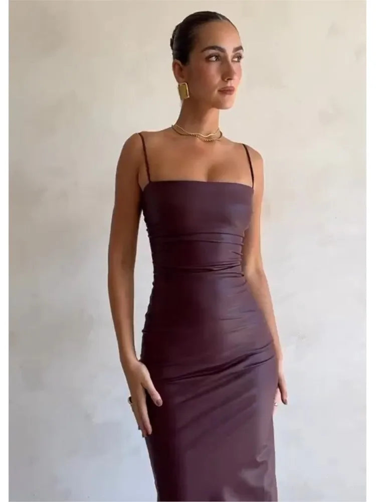 Robe mi-longue à bandes en cuir synthétique, dos nu, élégante, pour Banquet, soirée, noël, tenues de boîte de nuit