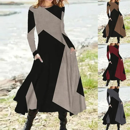 Retro Fashion Contrast Color Elegant Party Ladies Dresses Spring Autumn Casual Street Long Sleeve Loose Pockets Midi Dress Women