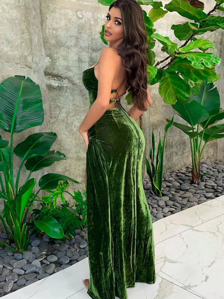 Dulzura Lace Up Green Velvet Strap Maxi Dress For Women Side Slit Backless Bodycon Sexy Prom Dress Outfit Elegant Birthday Party