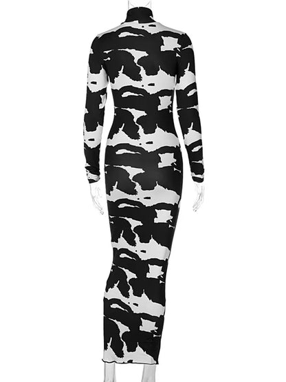 Hugcitar 2023 Long Sleeve Turtleneck Cow Print Bodycon Maxi Dress Autumn Winter Women Fashion Party Club Sexy Outfits Clothing