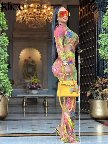 Kliou Colorful Print Maxi Dress Women Shiny Stunning Hollow Out Full Sleeve O-neck Robe Female Elegant Street Style Lady Bodycon