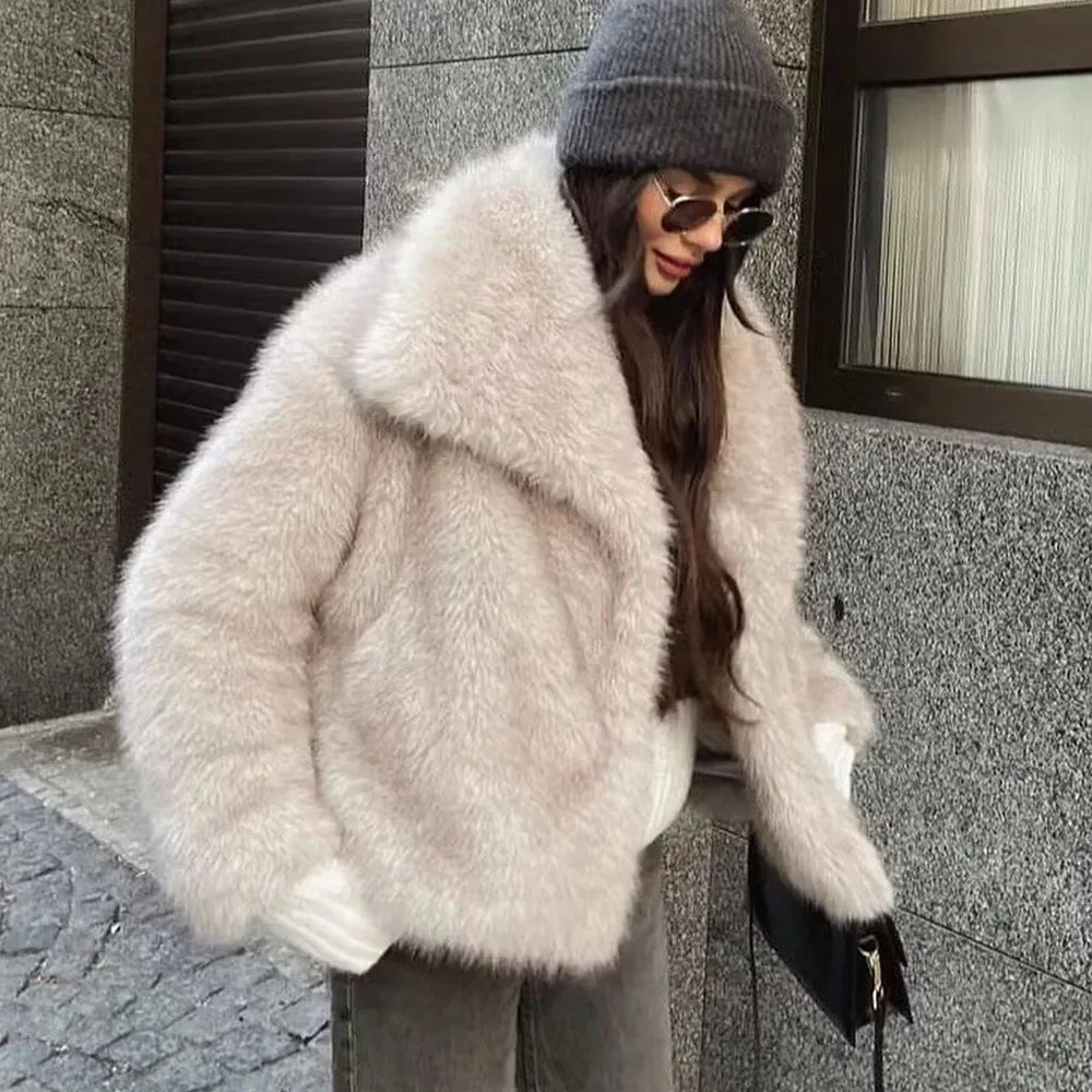 TRAF Autumn Winter Women's Faux Fur Coat Wool & Blends Coats Fashion Long Sleeve Warm Plush Jackets for Women Outerwears