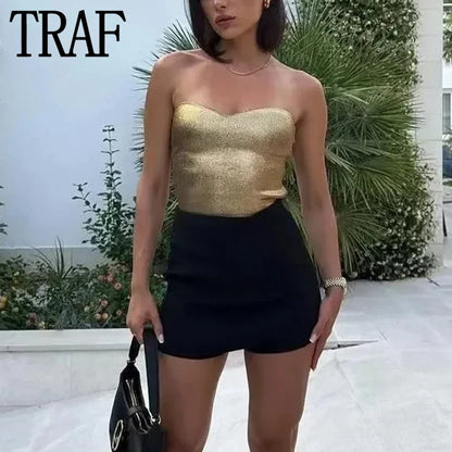 TRAF Cropped Top Women Off Shoulder Coquette Corset Top Gold Crop Top Sexys Fashion Summer Woman Sleeveless Backless Tube Tops