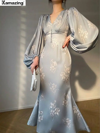 Robe sirène imprimée élégante pour femmes, manches longues, col en v, Slim, mi-longue, vêtements Fmeale, nouvelle collection été 2023