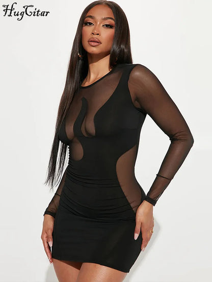 Hugcitar-minivestido negro de manga larga con retazos de malla transparente, minivestido Sexy ajustado para mujer, traje Y2K para fiesta y discoteca a la moda para otoño