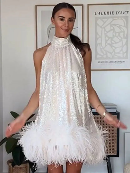 Vestido con lentejuelas y cuello colgante para mujer, minivestido sin mangas a la moda, dobladillo brillante, Vestidos de noche ajustados con temperamento