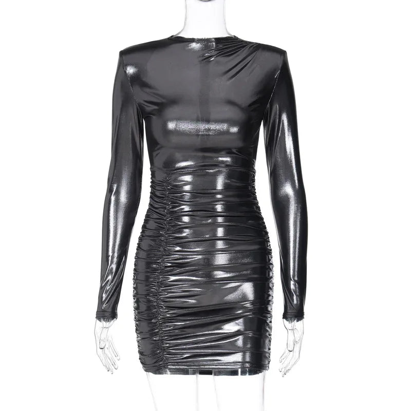 Dulzura Long Sleeve Ruched Shoulder Pad Metal Mini Dress For Women Bodycon Sexy Party Club Outfit Streetwear Clothes Birthday