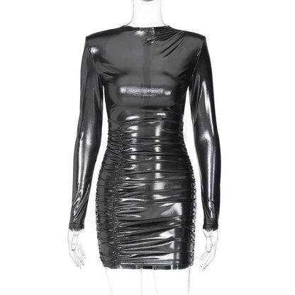 Dulzura Long Sleeve Ruched Shoulder Pad Metal Mini Dress For Women Bodycon Sexy Party Club Outfit Streetwear Clothes Birthday