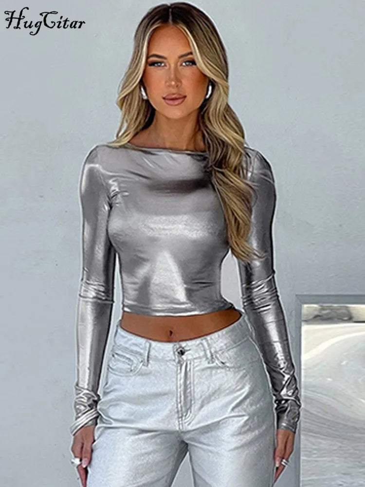 Hugcitar Pu Leather O Neck Long Sleeve Sexy Slim Crop T-Shirt Top 2023 Fall Winter Women Fashion Party Streetwear Club Clothes