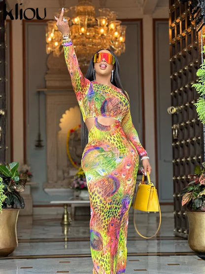 Kliou Colorful Print Maxi Dress Women Shiny Stunning Hollow Out Full Sleeve O-neck Robe Female Elegant Street Style Lady Bodycon