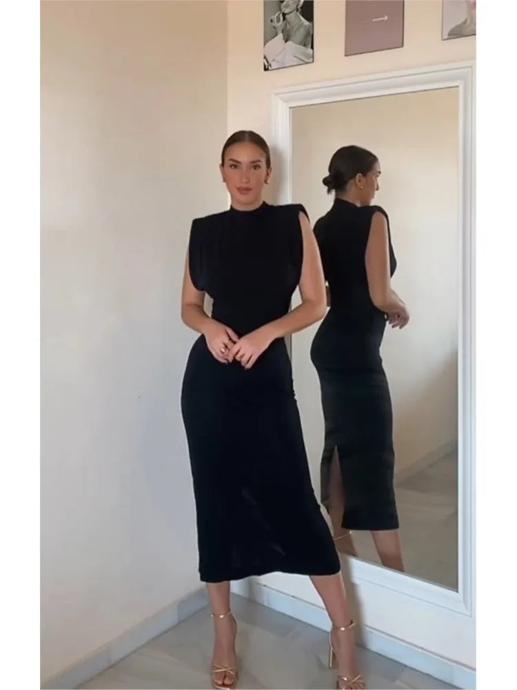 Vestidos Midi negros con cuello redondo para mujer, vestidos sexis sin mangas con abertura trasera y cintura alta, vestidos ajustados, ropa de calle elegante para mujer, batas elegantes