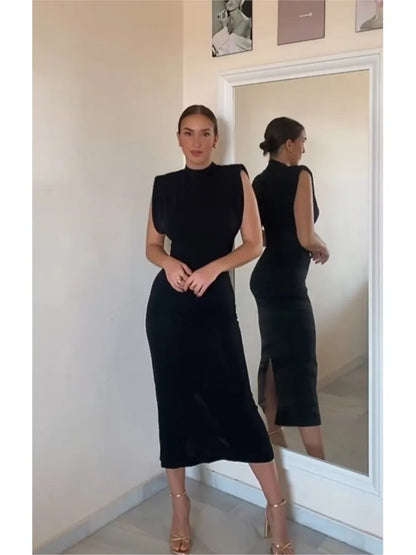 Women Fashion Black O Neck Midi Dresses Sexy Sleeveless Rear Split High Waist Slim Dresses Elegant Female Streetwear Chic Robes