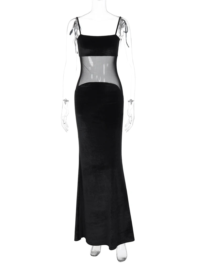 Hugcitar 2024 Velvet Black Slips Lace Up See Through Sexy Elegant Bodycon Maxi Dress Women Spring New Clothes Nightclub Festival