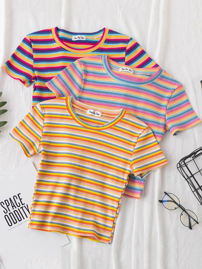 New T Shirt Women Rainbow Striped Tops Slim Fit t shirt Harajuku Tshirt Summer Short Sleeve Korean T-shirt feminina Clothes Tops