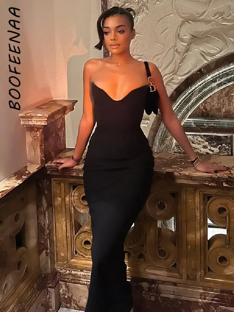 BOOFEENAA Sexy negro sin tirantes vestidos con corsé para mujer fiesta de noche elegante cuello en V espalda descubierta ceñido al cuerpo largo Maxi vestido C76-DF20