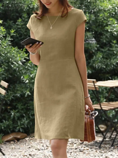 ZANZEA Female O-Neck Zipper Short Sleeve Sundress Summer Woman Solid Dress Stylish Elegant Work OL Vintage Loose Midi Dresses