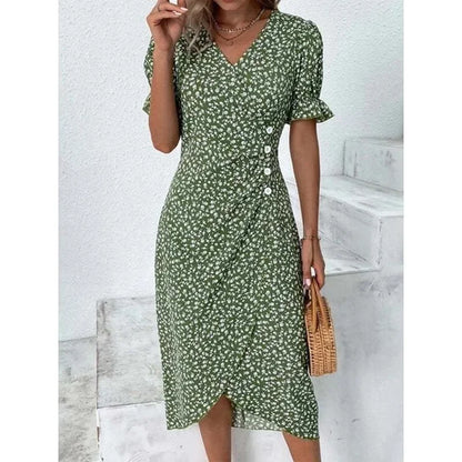 Robe mi-longue plissée florale en forme de H, élégante, col en V, manches bouffantes, taille froncée, boutons, Robe d'été