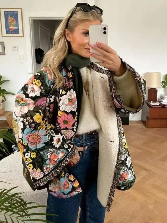 TRAF Flower Winter Coat for Women Quilted Jacket Parkas Woman Autumn Winter Printed Vintage Jacket Tweed Warm New in Outerwear