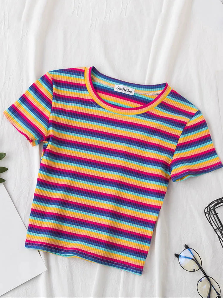 New T Shirt Women Rainbow Striped Tops Slim Fit t shirt Harajuku Tshirt Summer Short Sleeve Korean T-shirt feminina Clothes Tops