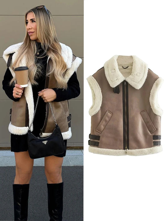 TRAF Fur Vest Warm Women's Vest Sleeveless Jacket Autumn Winter Fashion Female Vest Jacket Coat Leather Fur Vest for Women