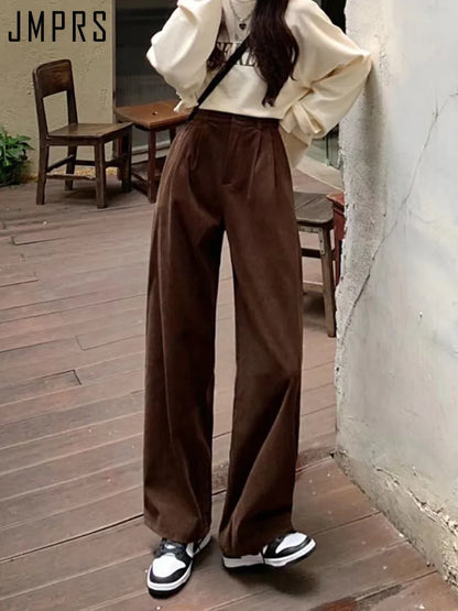 JMPRS taille haute femmes Vintage velours côtelé pantalon droit décontracté printemps pantalon Coran Vintage café poches tous Match pantalon nouveau