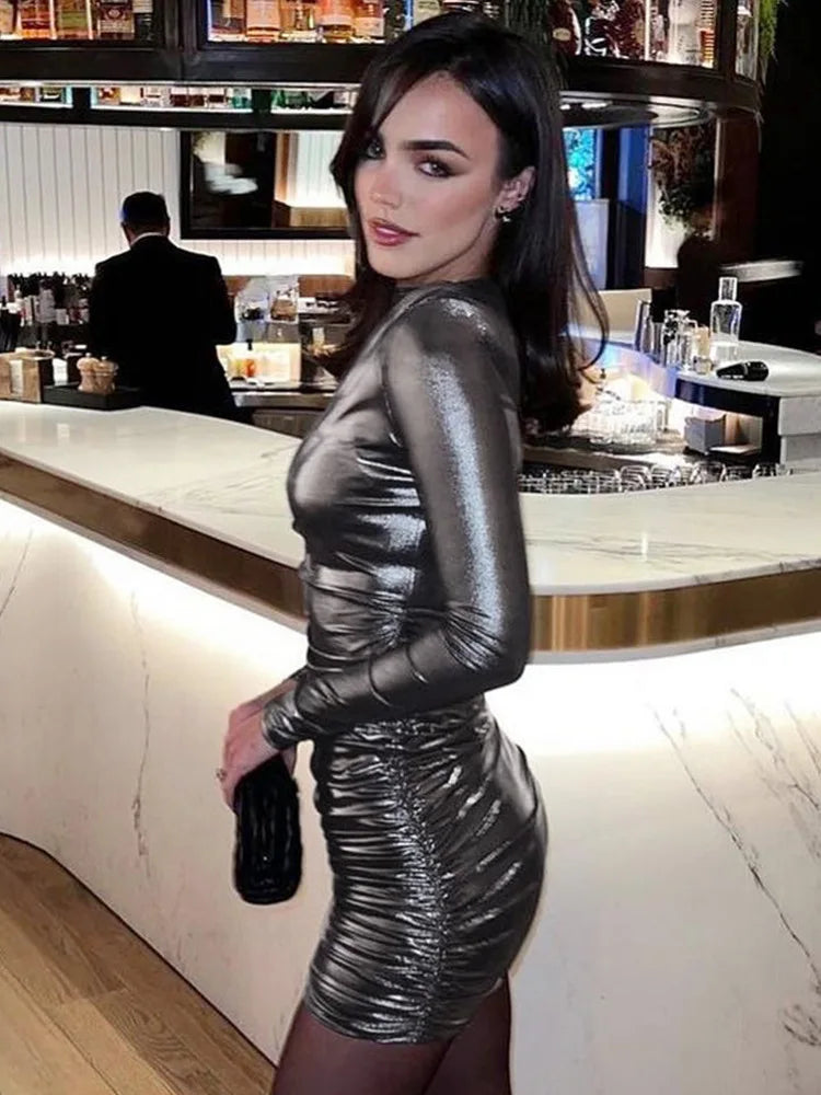 Dulzura Long Sleeve Ruched Shoulder Pad Metal Mini Dress For Women Bodycon Sexy Party Club Outfit Streetwear Clothes Birthday