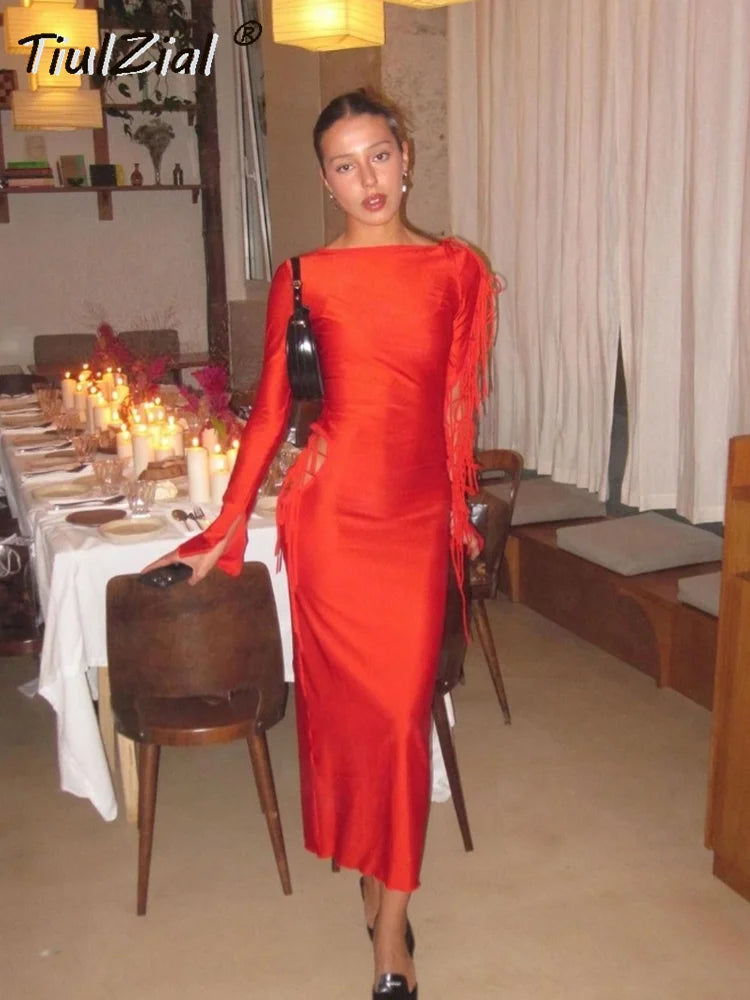 TiulZial – robe mi-longue rouge ajourée à bandes extensibles, Sexy, tenue de soirée en Club, manches longues, moulante, pour événements, tenues de nuit, 2023