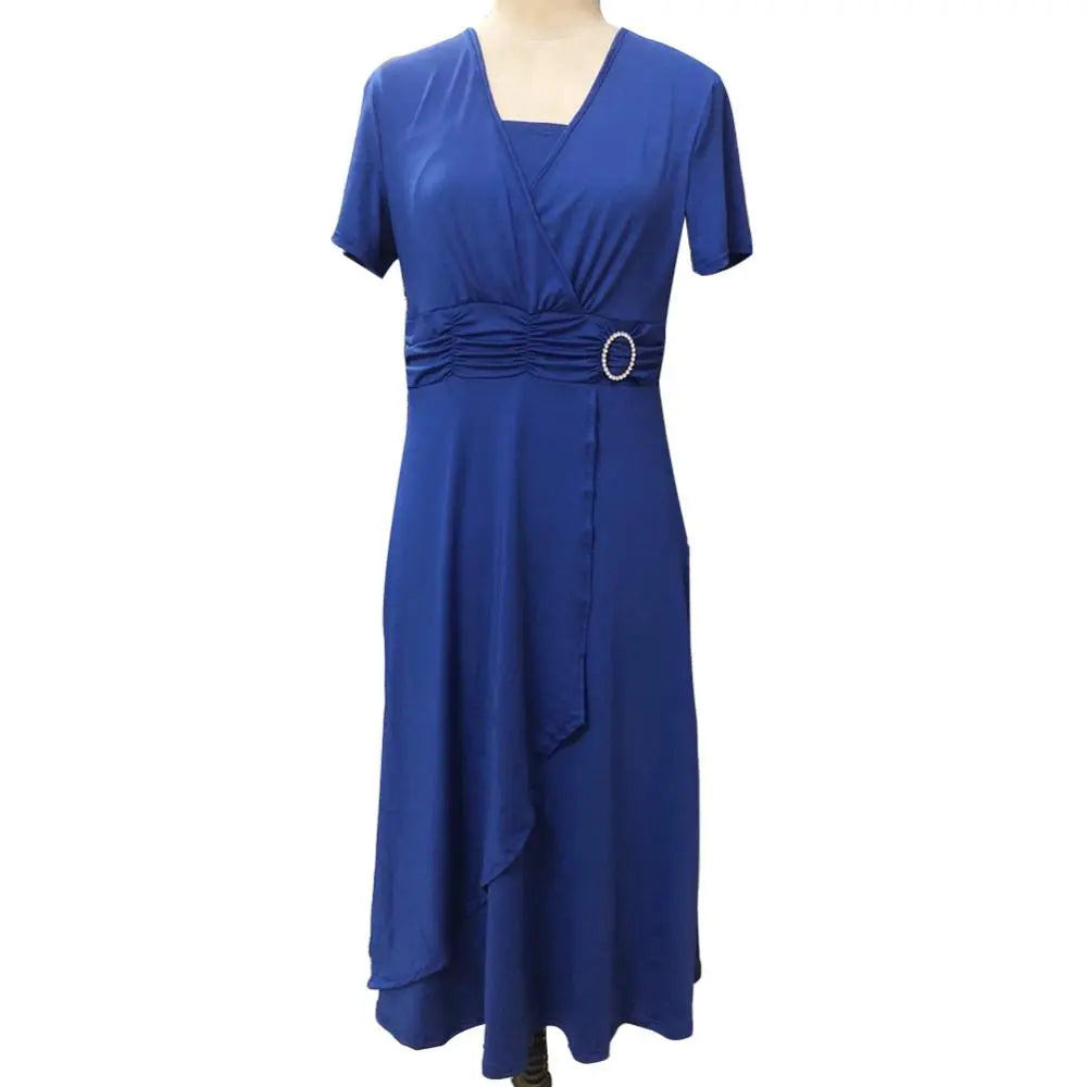 Robe de soirée mi-longue pour femmes, élégante, couleur unie, manches courtes, col en V, ourlet asymétrique, taille serrée, dames